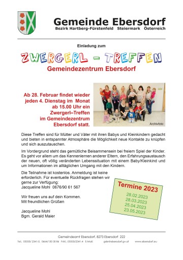 Ab 28. Februar findet wieder jeden 4. Dienstag im Monat ab 15.00 Uhr ein Zwergerl–Treffen im Gemeindezentrum Ebersdorf statt.